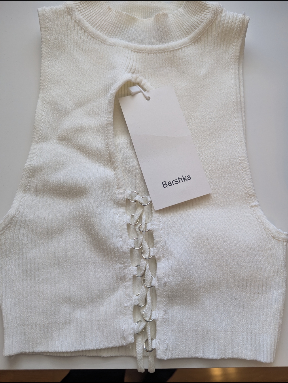 Bershka White Knit Hook-Front Crop Top